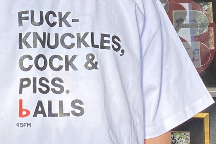 A person wearing the 95bFM BSA slogan tee A person wearing the 95bFM BSA slogan tee